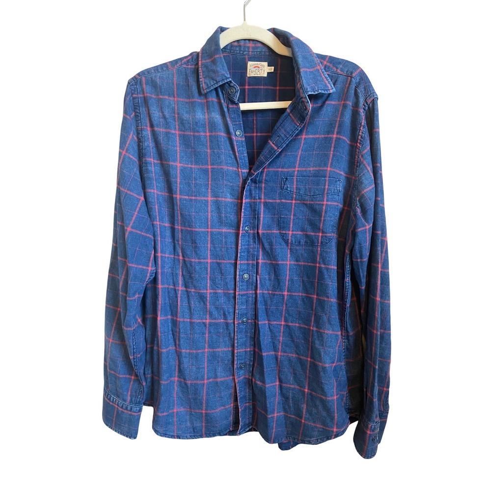 Faherty Brand Malibu Blue Windowpane Plaid Cotton Flannel Button Down Shirt M